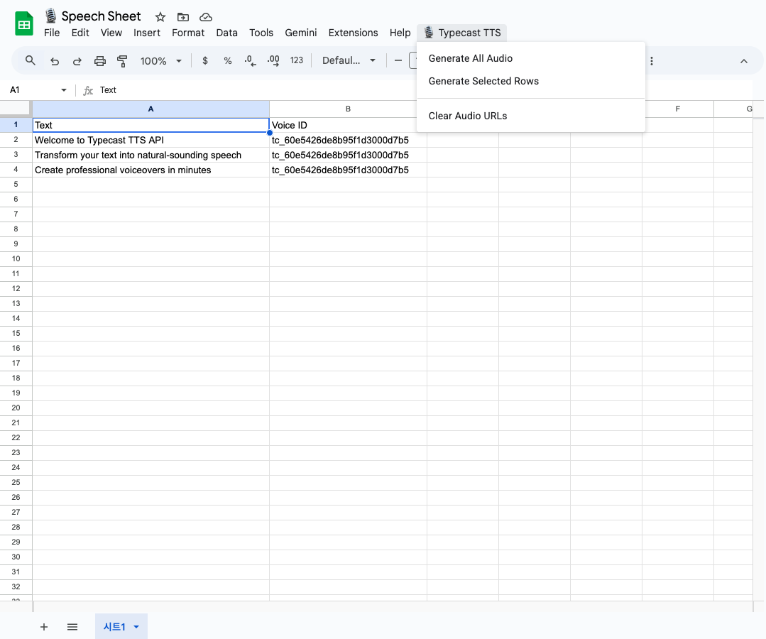 Custom menu showing Generate All Audio, Generate Selected Rows, and Clear Audio URLs options