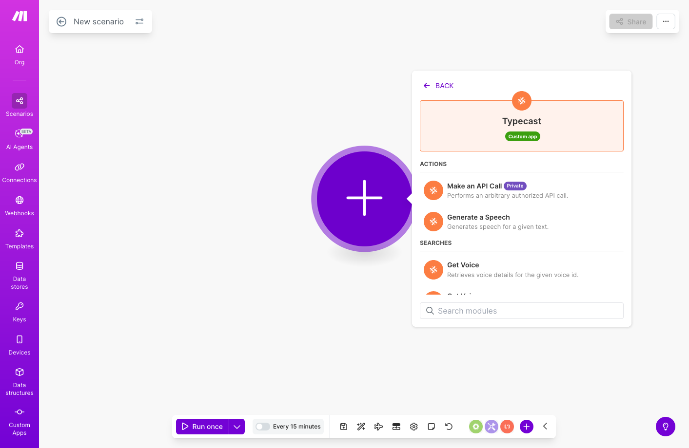 Typecast action options - Generate a Speech, Get Voices