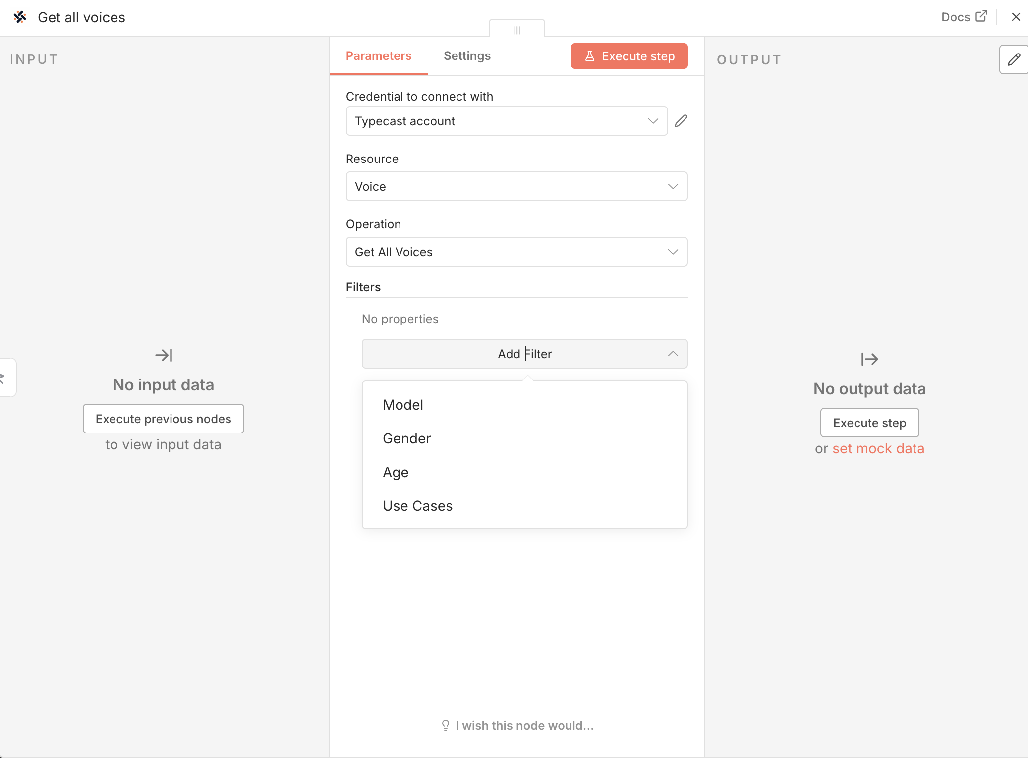 Voice filter options in Typecast node