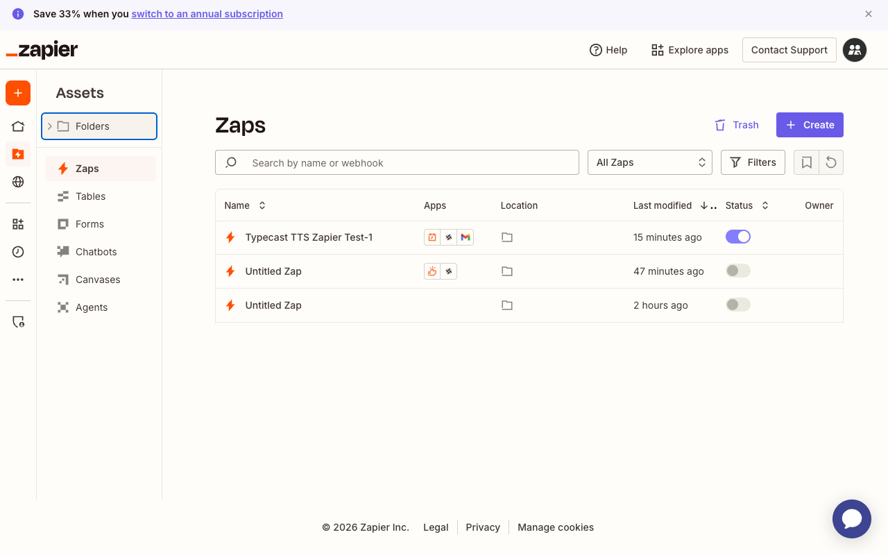 Zapier Zaps dashboard showing the Create button