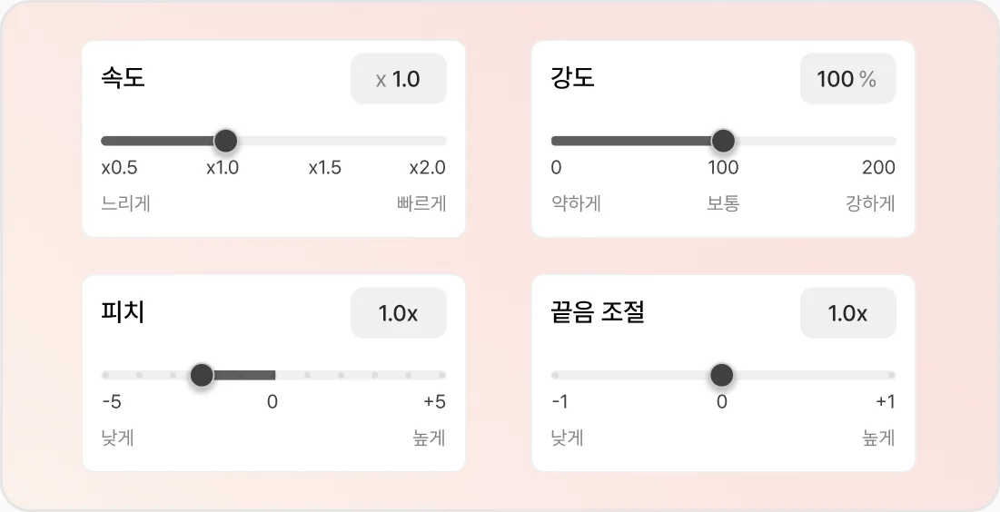 속도, 피치, 강도, 끝음 조절 컨트롤