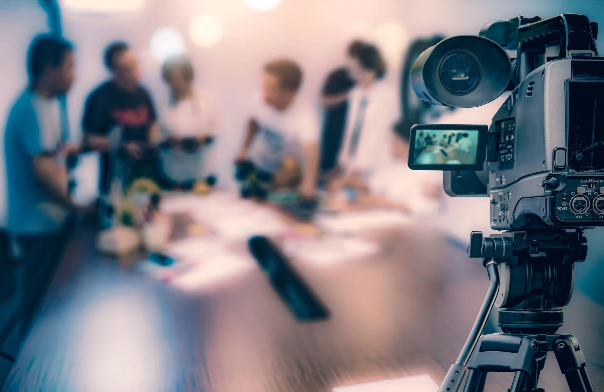 video-camera-taking-live-video-streaming-people-working-background