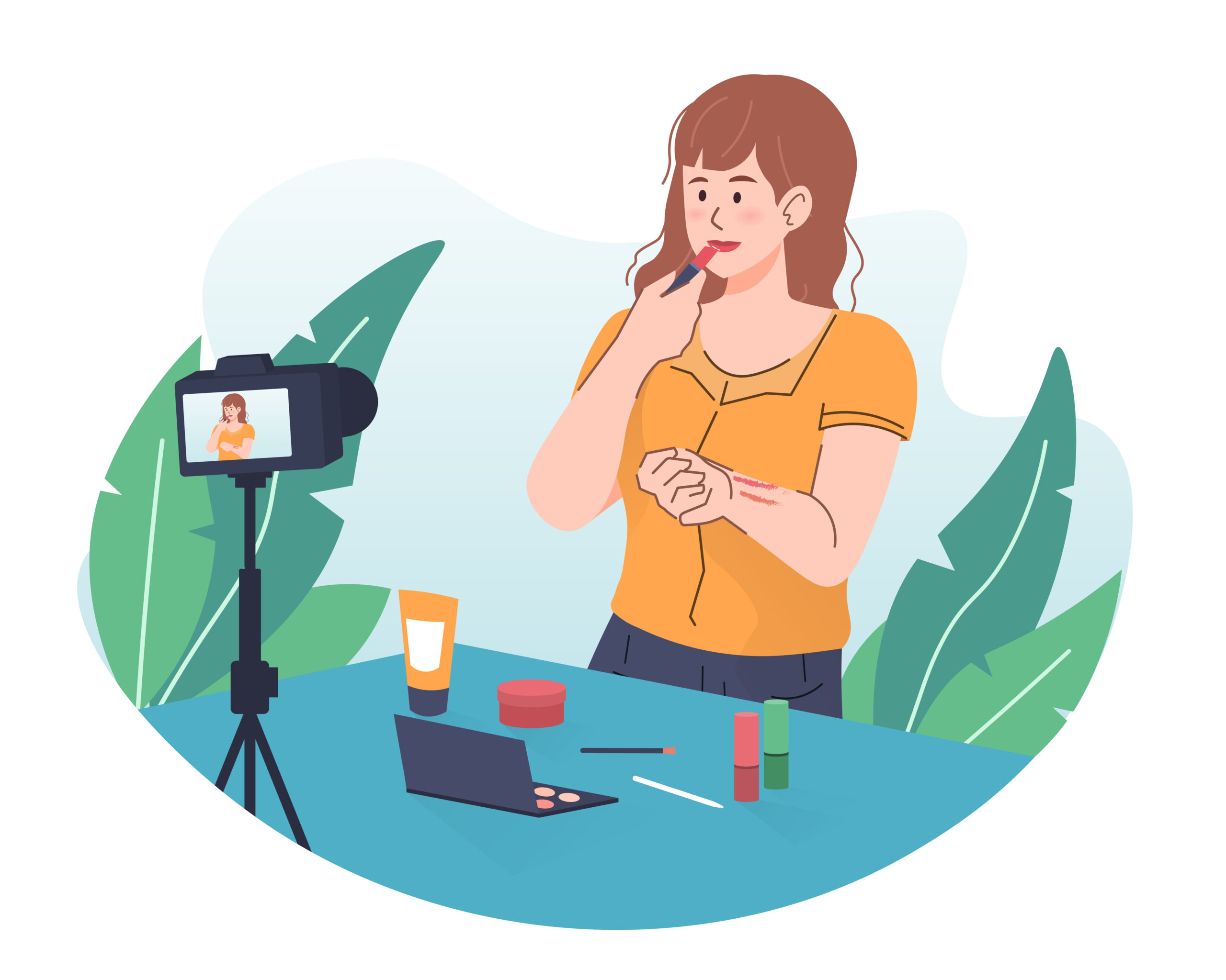 Female vlogger recording makeup tutorial using camera