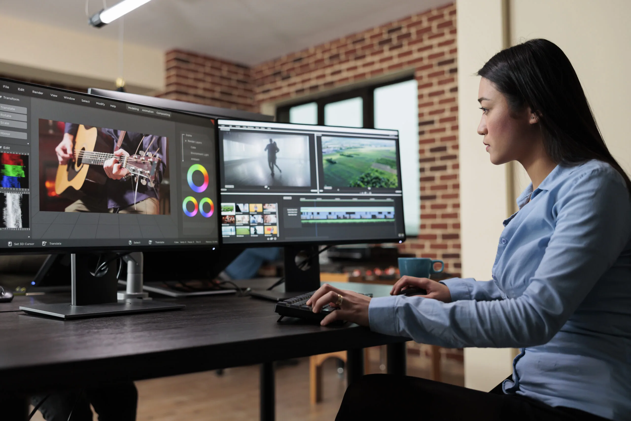 Asian professional video editor sitting at multi monitor workspace while enhancing movie footage quality using advanced software. Post production house team leader editing film frames.
