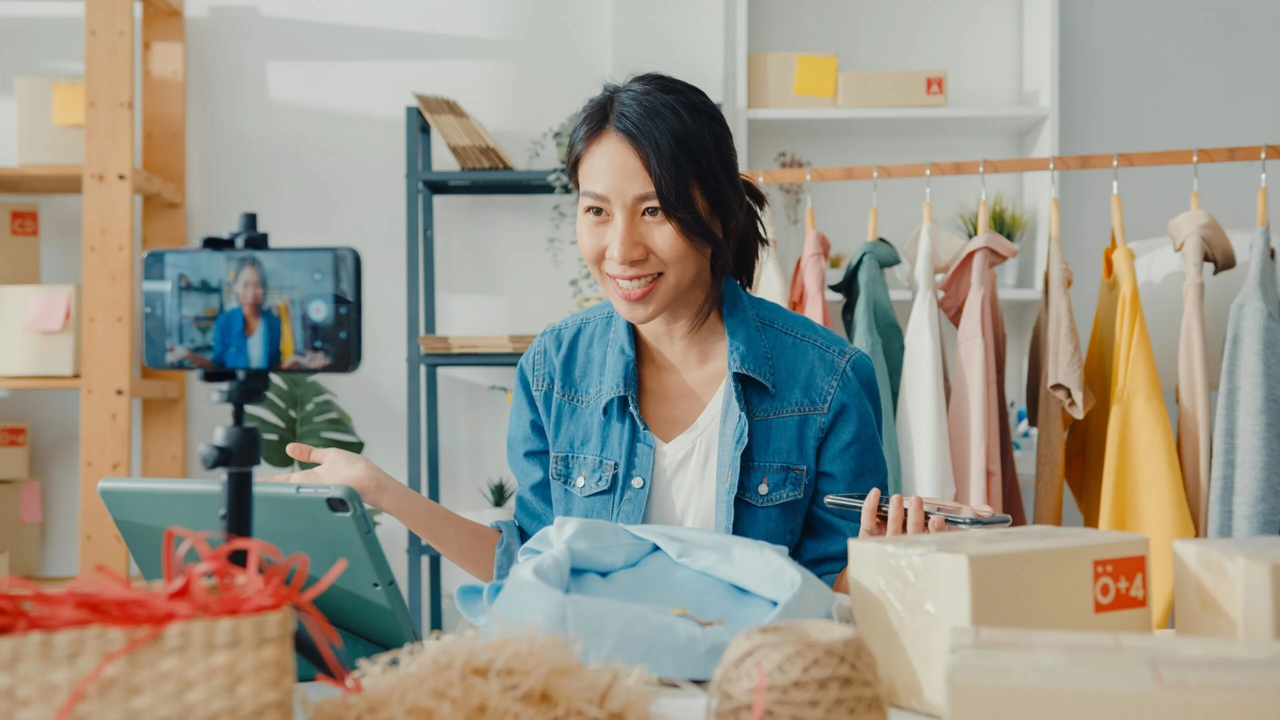 young-asian-lady-fashion-designer-using-mobile-phone-receiving-purchase-order-show-clothes-live-streaming
