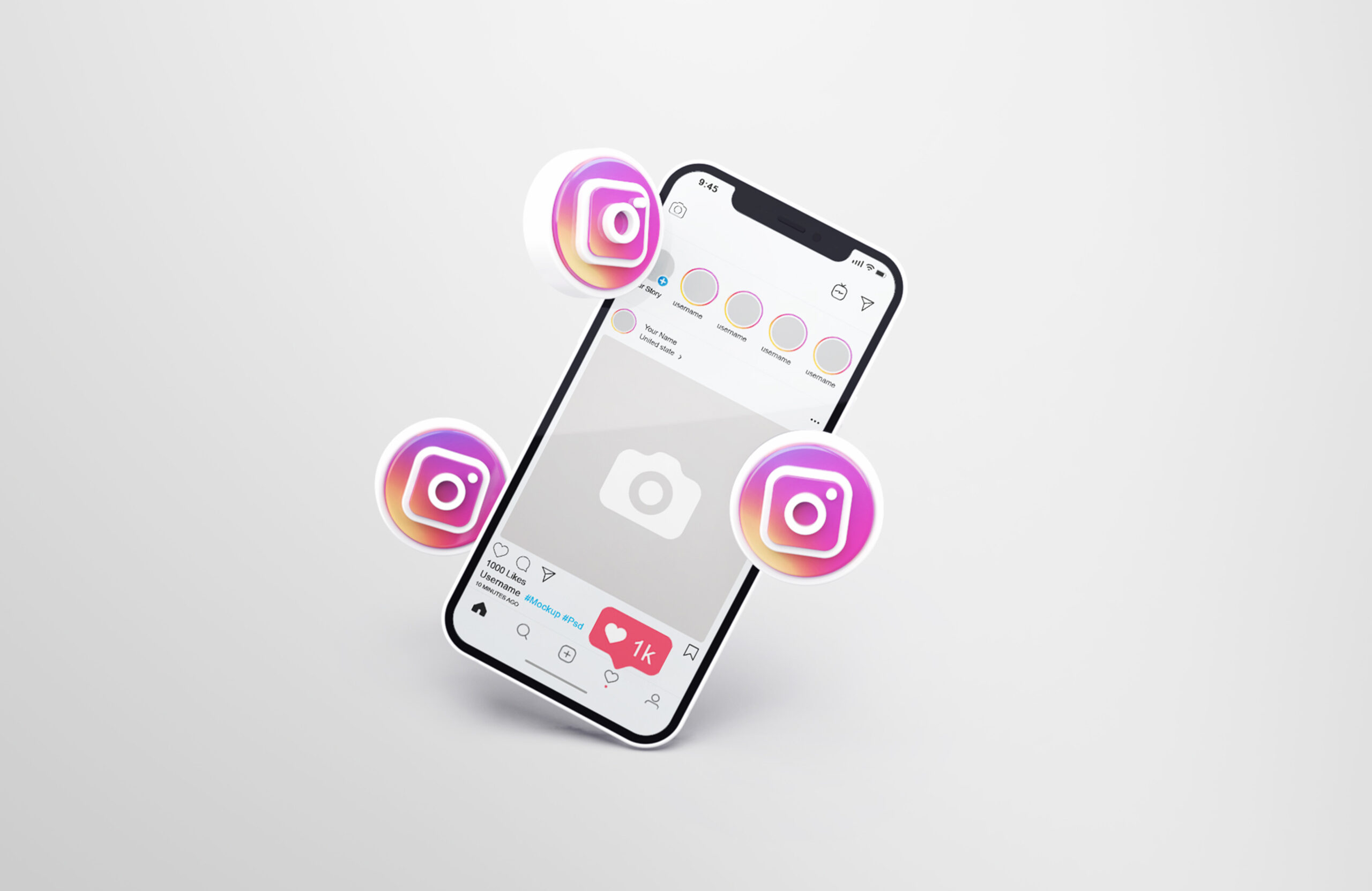 Instagram on White Mobile Phone Mockup with 3d icons
