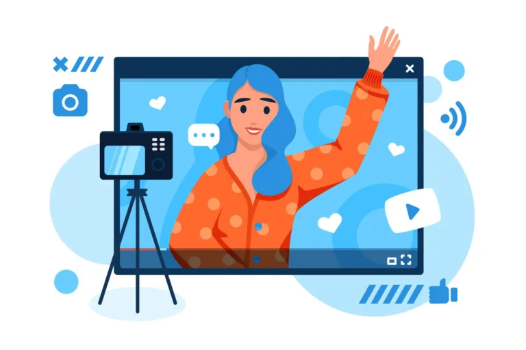 A girl waving her hand in the screen with a camera in front