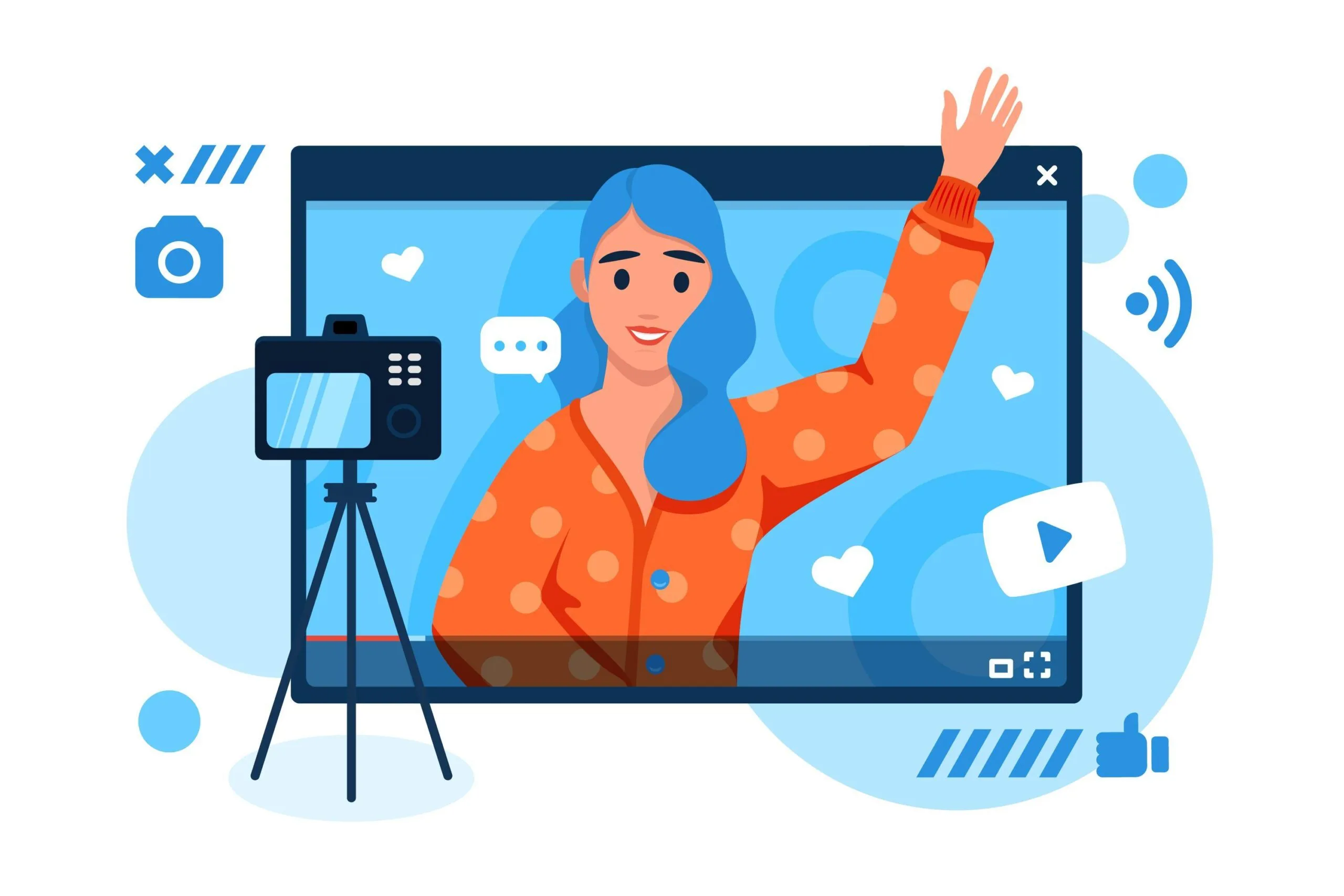 A girl waving her hand in the screen with a camera in front