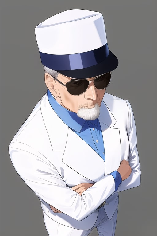 a dressed up 50 year old man fortuneteller in white suits, wearing a white fedora and sunglasses, whole body, no background, drawn in case closed