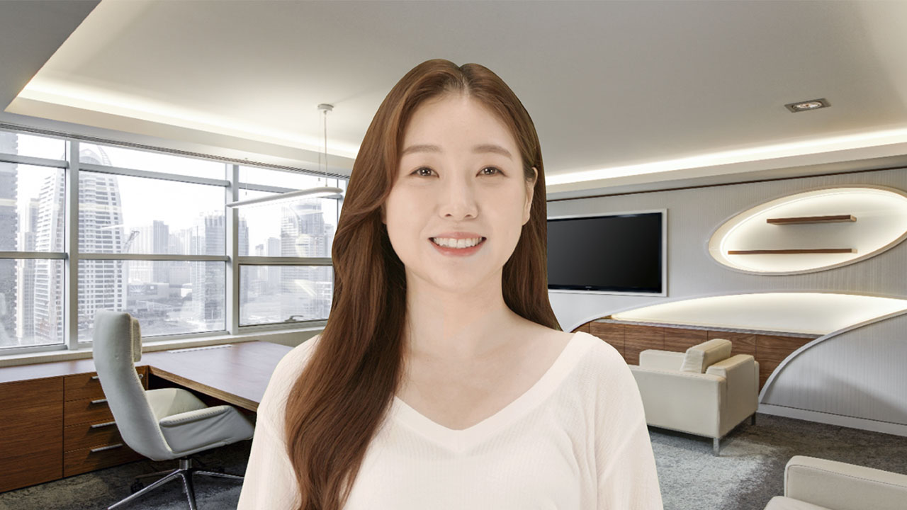 smiling virtual human actor inside office