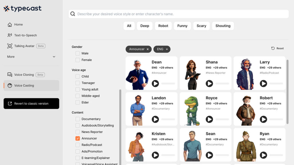 typecast voice casting page showing announcer AI voices