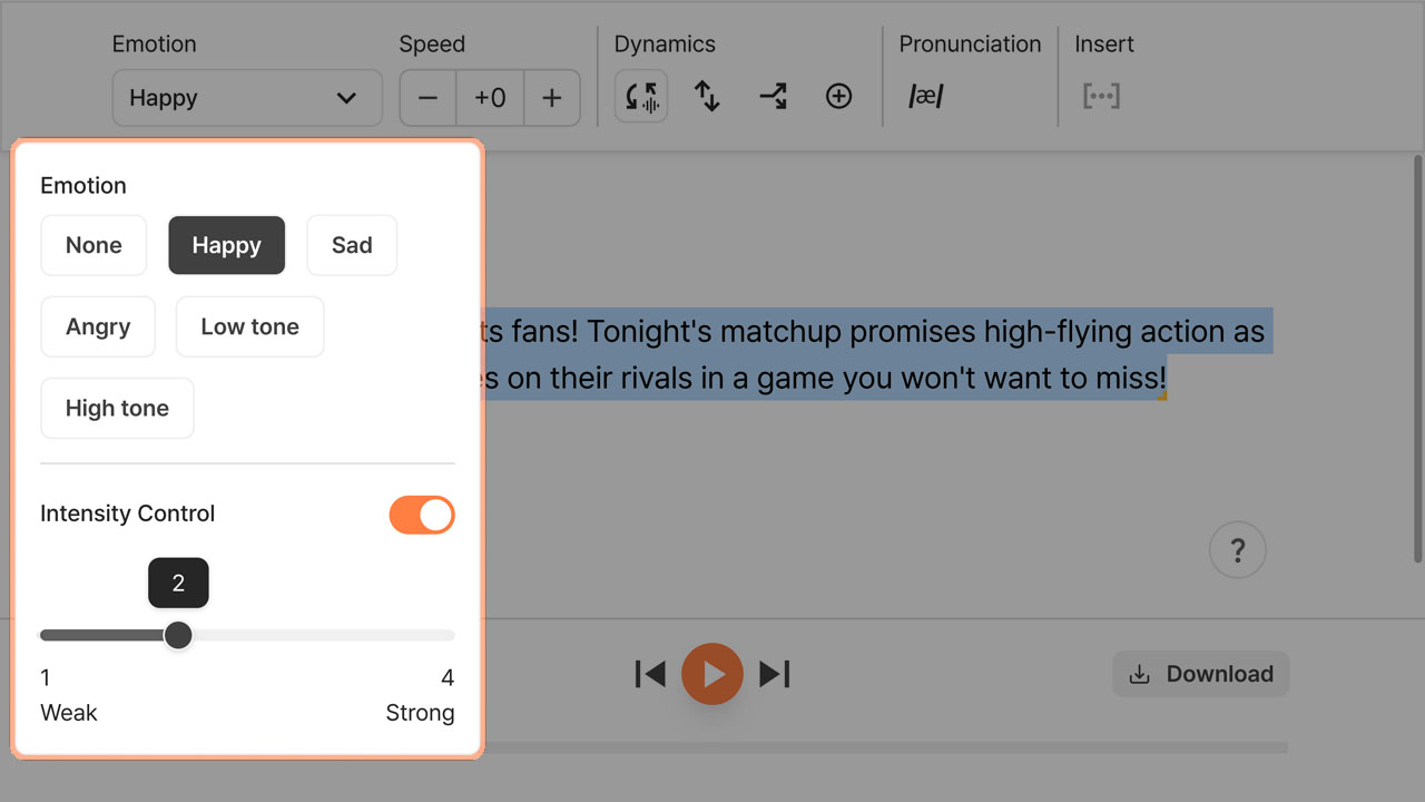 typecast TTS editor with emotion control menu for an announcer voice