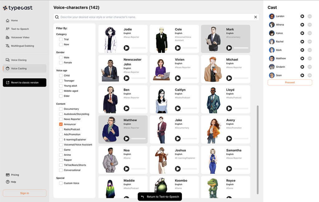 typecast voice casting page