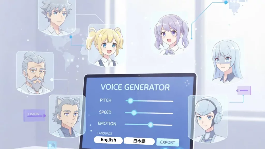 Illustration of Voice Generator interface with pitch, speed, emotion, and language controls, surrounded by anime character avatars.