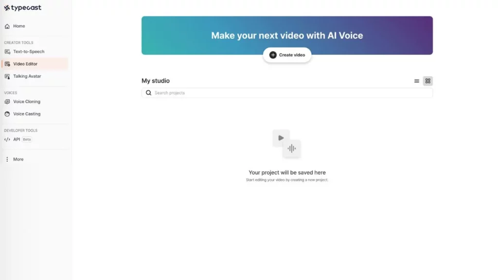 Screenshot of Typecast interface with "Make your next video with AI Voice" banner and project creation option.