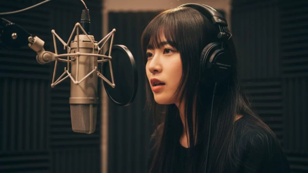 Photo of a person recording in a studio with a microphone and headphones.
