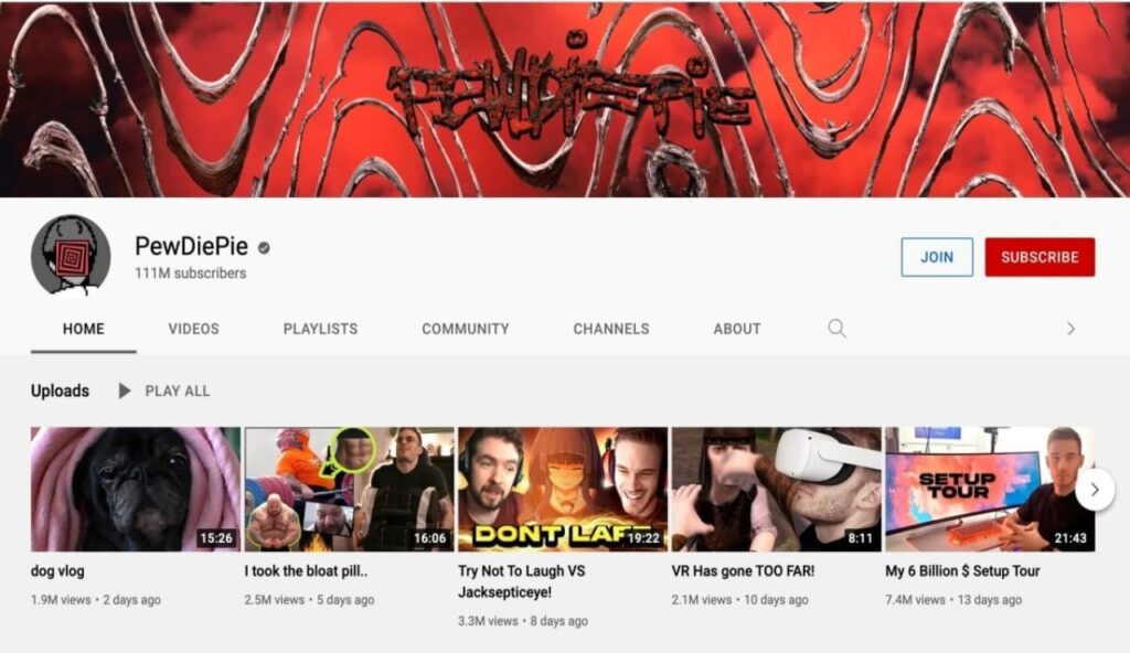 a screenshot of pewdiepie youtube channel