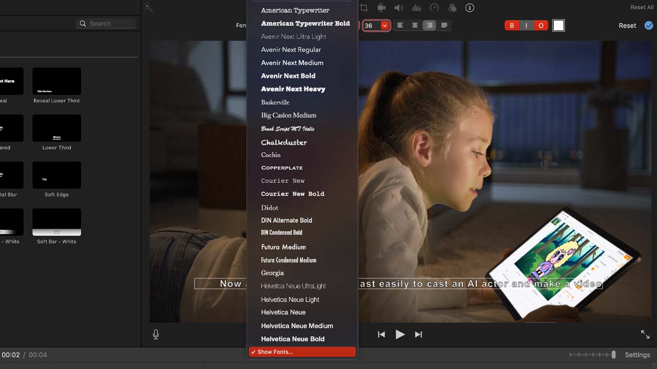 changing font and size of subtitle text in imovie app