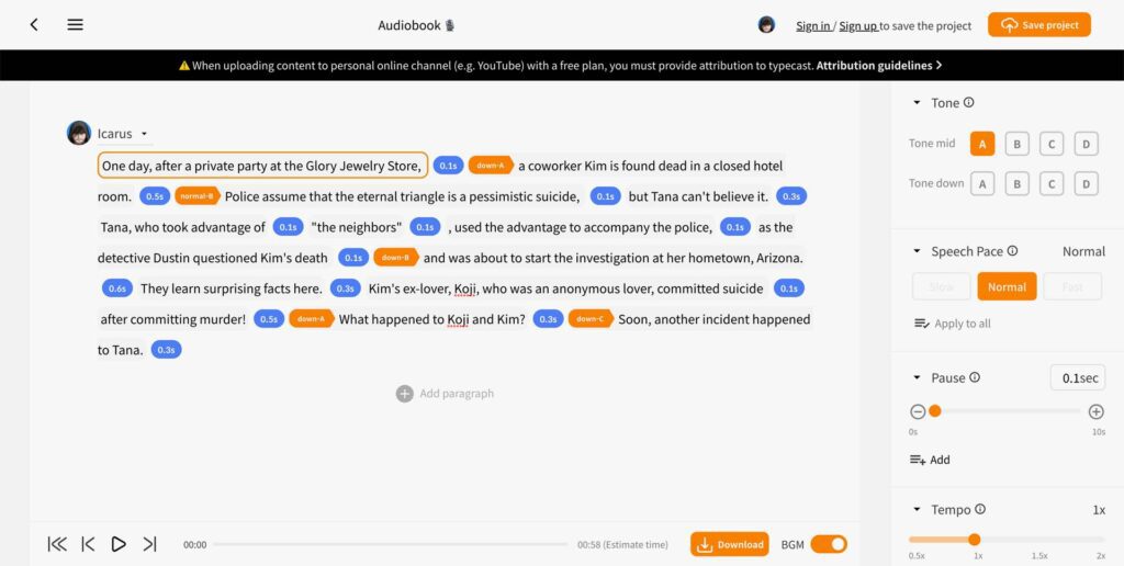 typecast audiobook template for text to speech editor