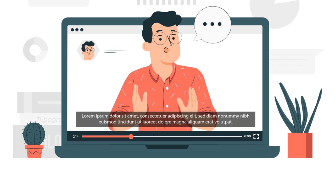 illustration of man coming out of video that has subtitles