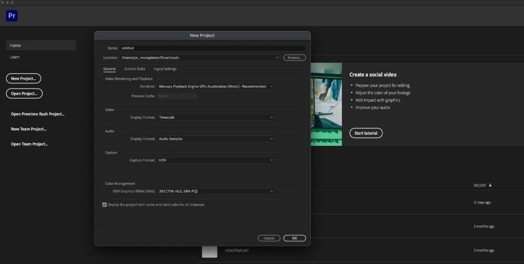 adobe premier new video project menu