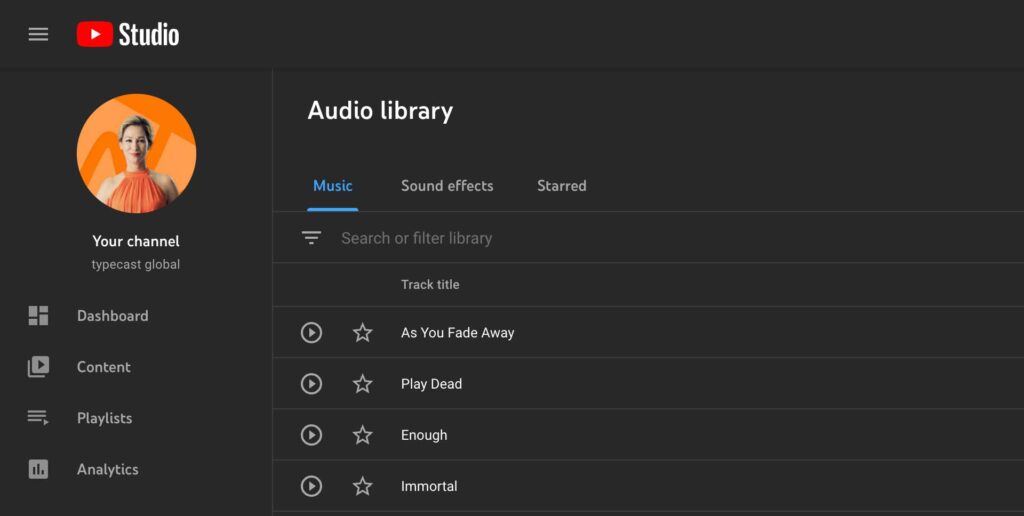 typecast global youtube audio library UI menu