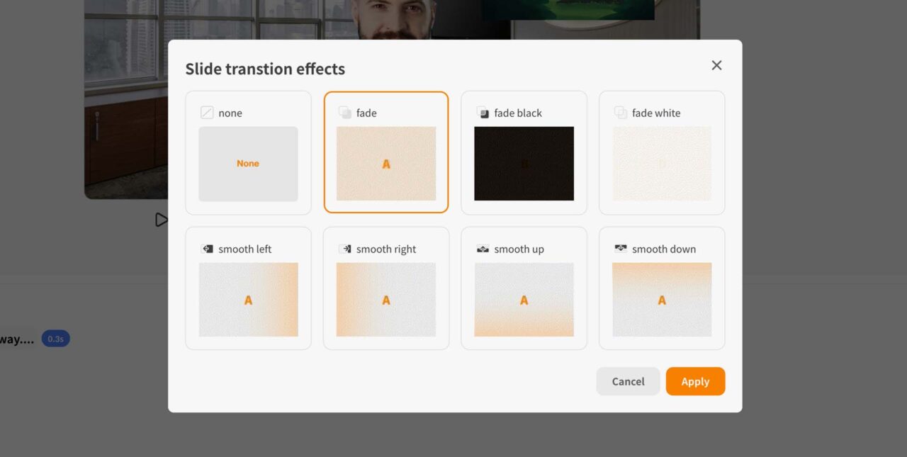 slide transition effects menu in virtual human actor video editor