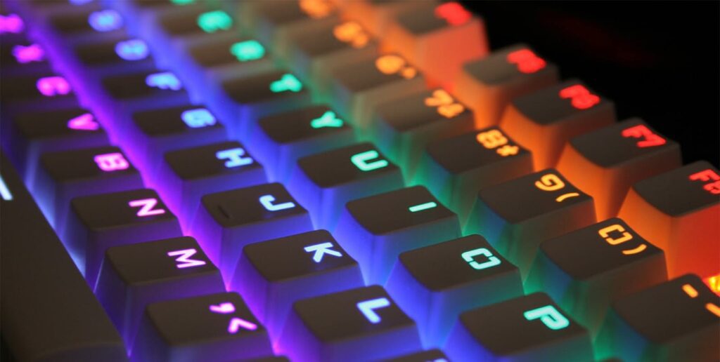 RGB backlit keys of a white keyboard