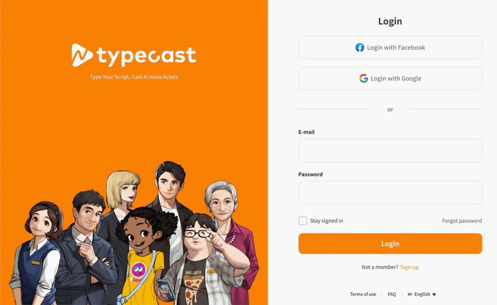 screenshot of typecast's login screen