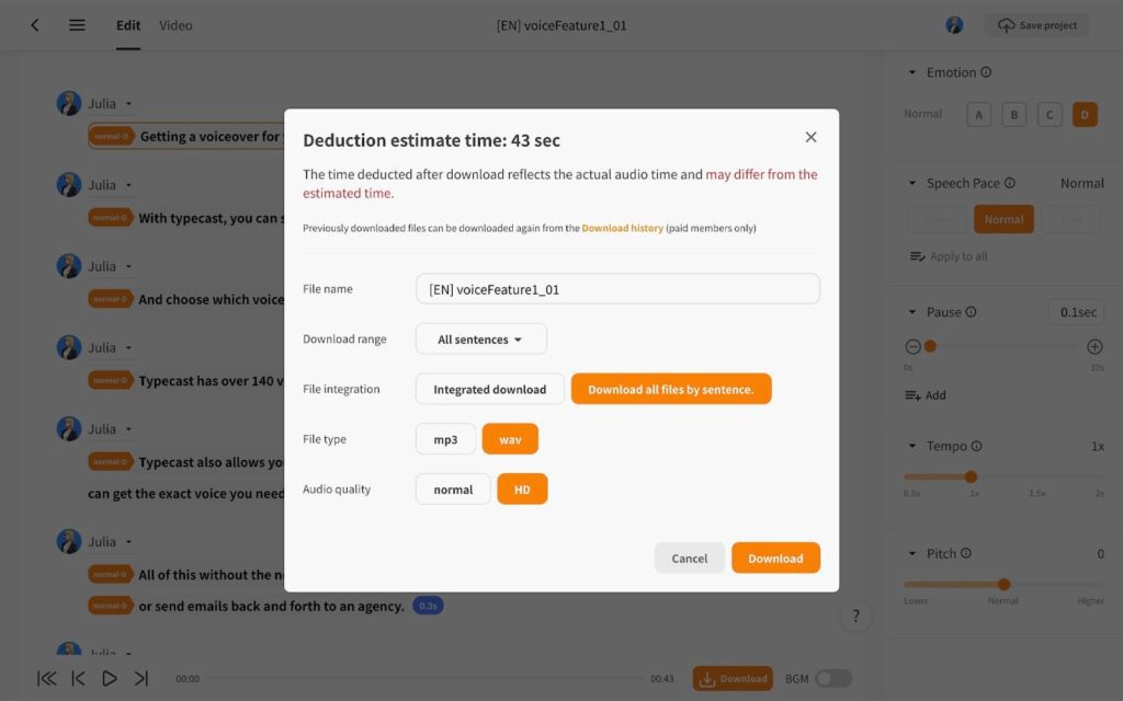 screenshot of typecast's audio download popup