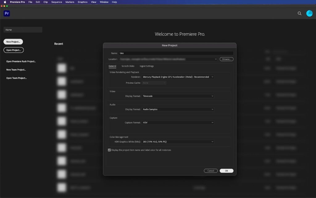 screenshot of premiere pro's new project window