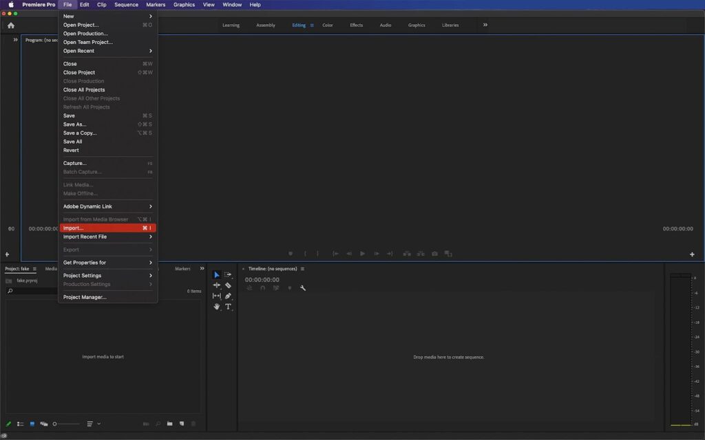screenshot of premiere pro's file option for importing