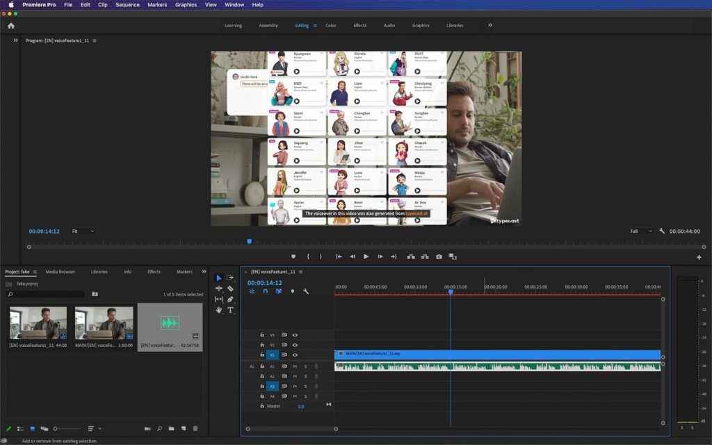 screenshot of premiere pro's timeline editor with an audio clip selected on the project timeline