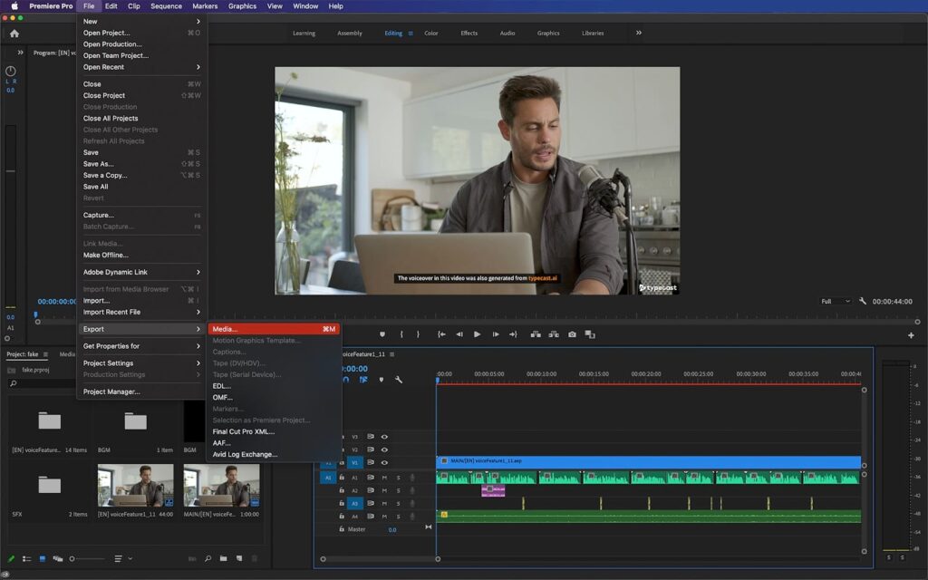 screenshot of premiere pro's file option for exporting