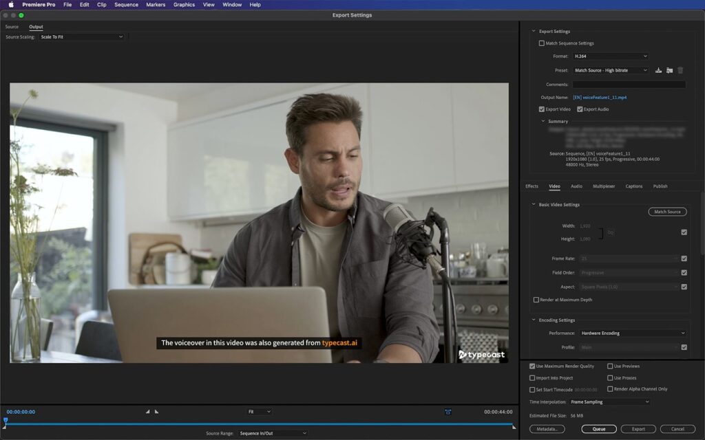 screenshot of premiere pro's export setting options