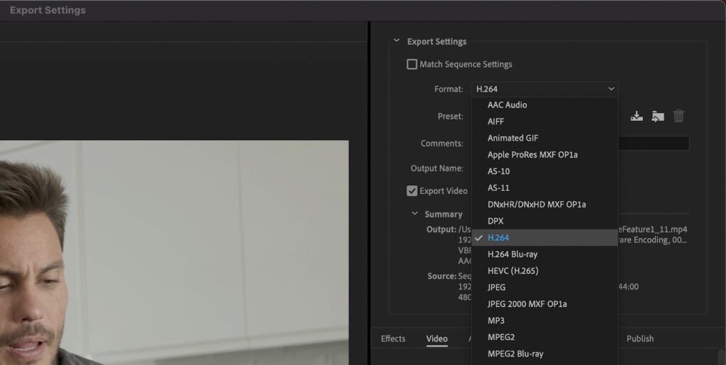 screenshot of premiere pro's option for exporting H.264 format