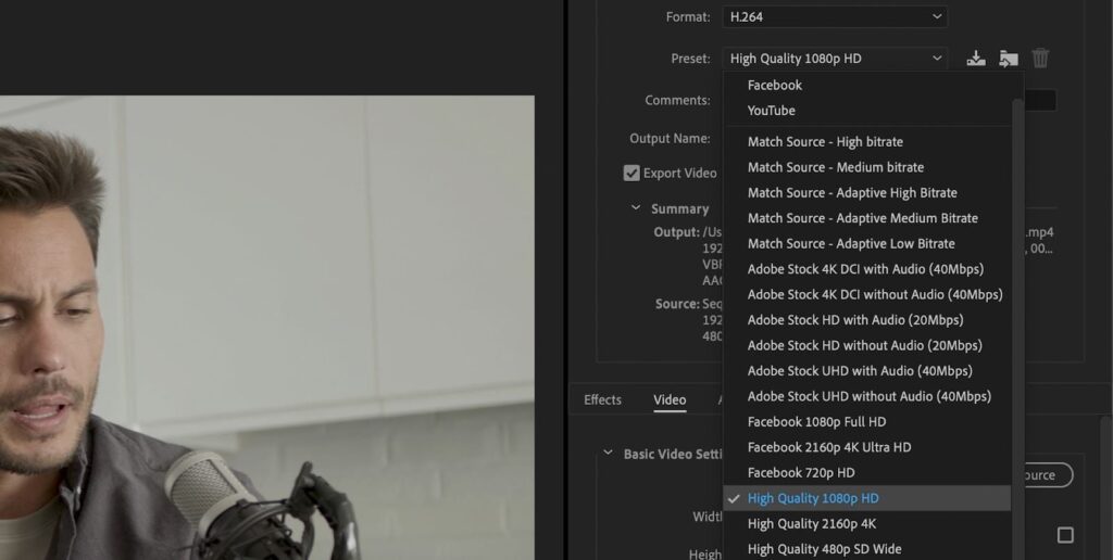 screenshot of premiere pro's export preset options