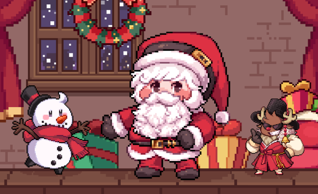 An image of three Christmas characters, including Santa, Rudolph, and Slushy
