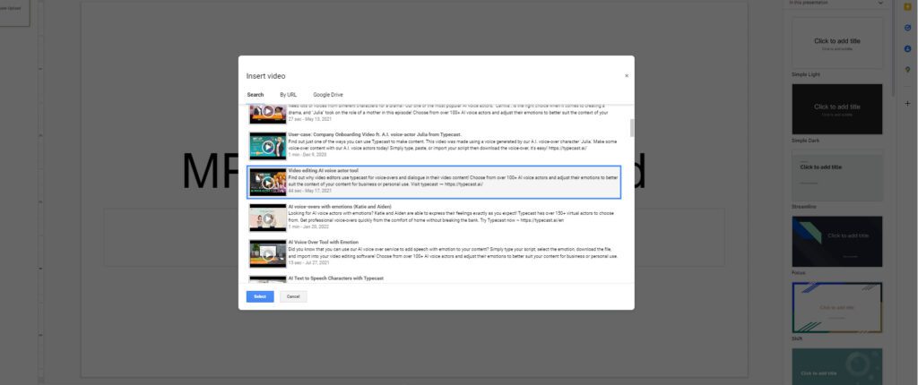 google slides insert video menu search