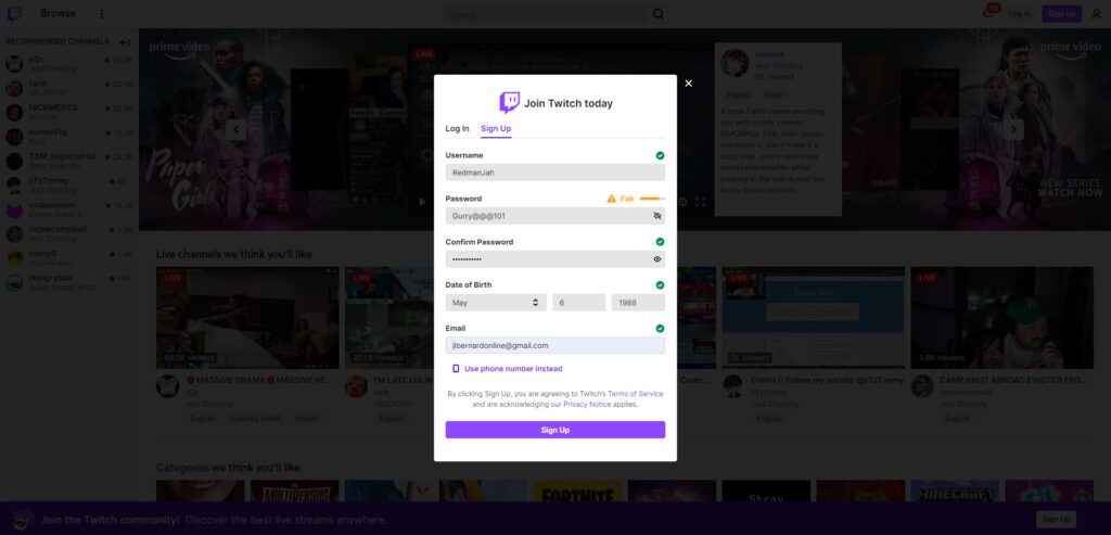 twitch sign up menu