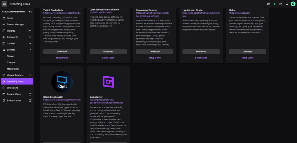 twitch menu streaming tools