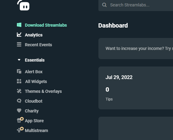 twitch streamlabs dashboard section