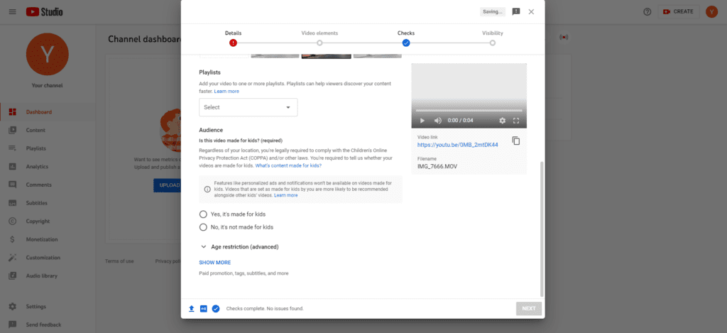 youtube studio video upload menu