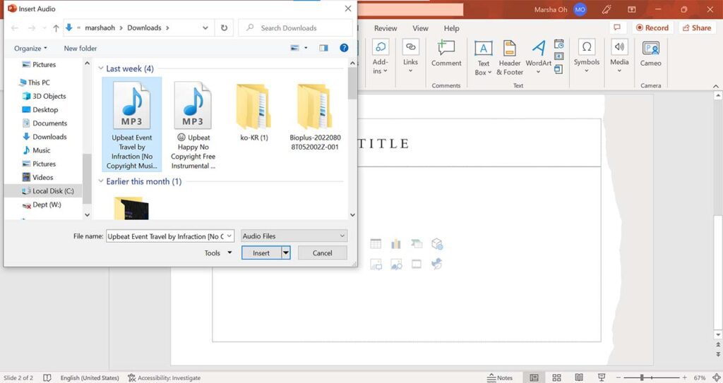 powerpoint select your audio file and click insert