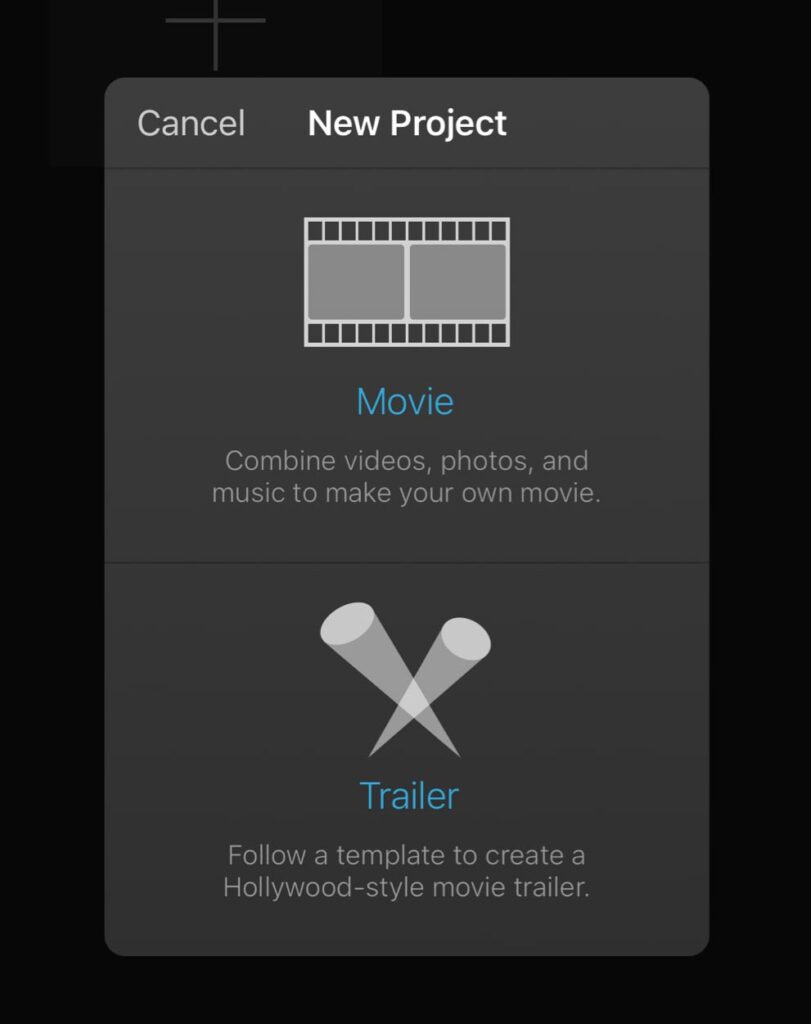 imovie phone app new project menu