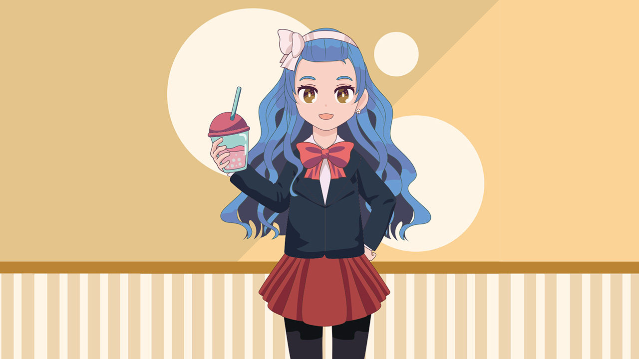 an anime girl character holding a cup