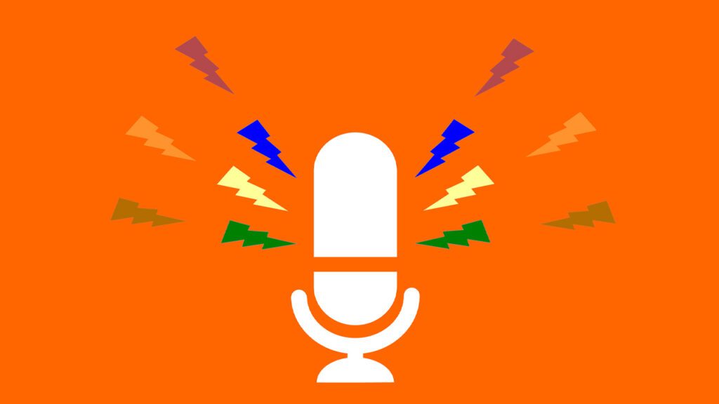 a graphic showing a microphone with colored lightening bolts around