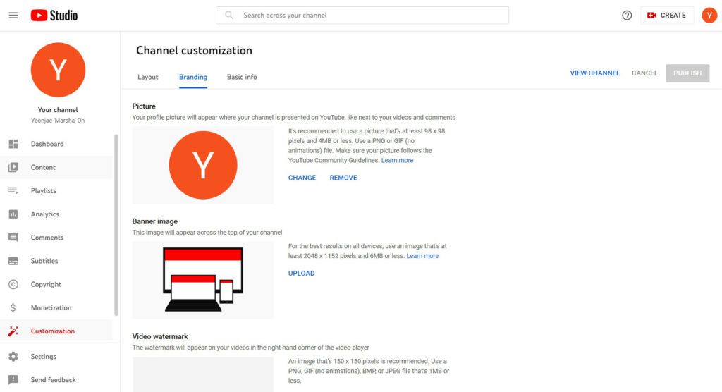 youtube studio channel customization menu