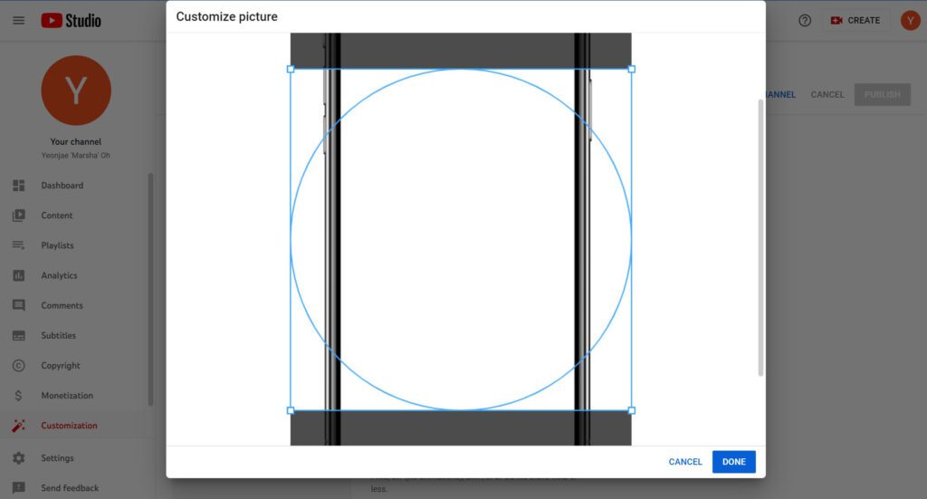 youtube studio customize picture menu