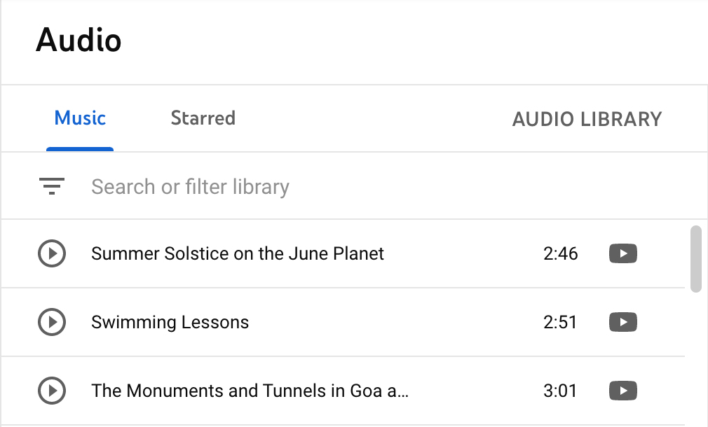 youtube studio audio library music select